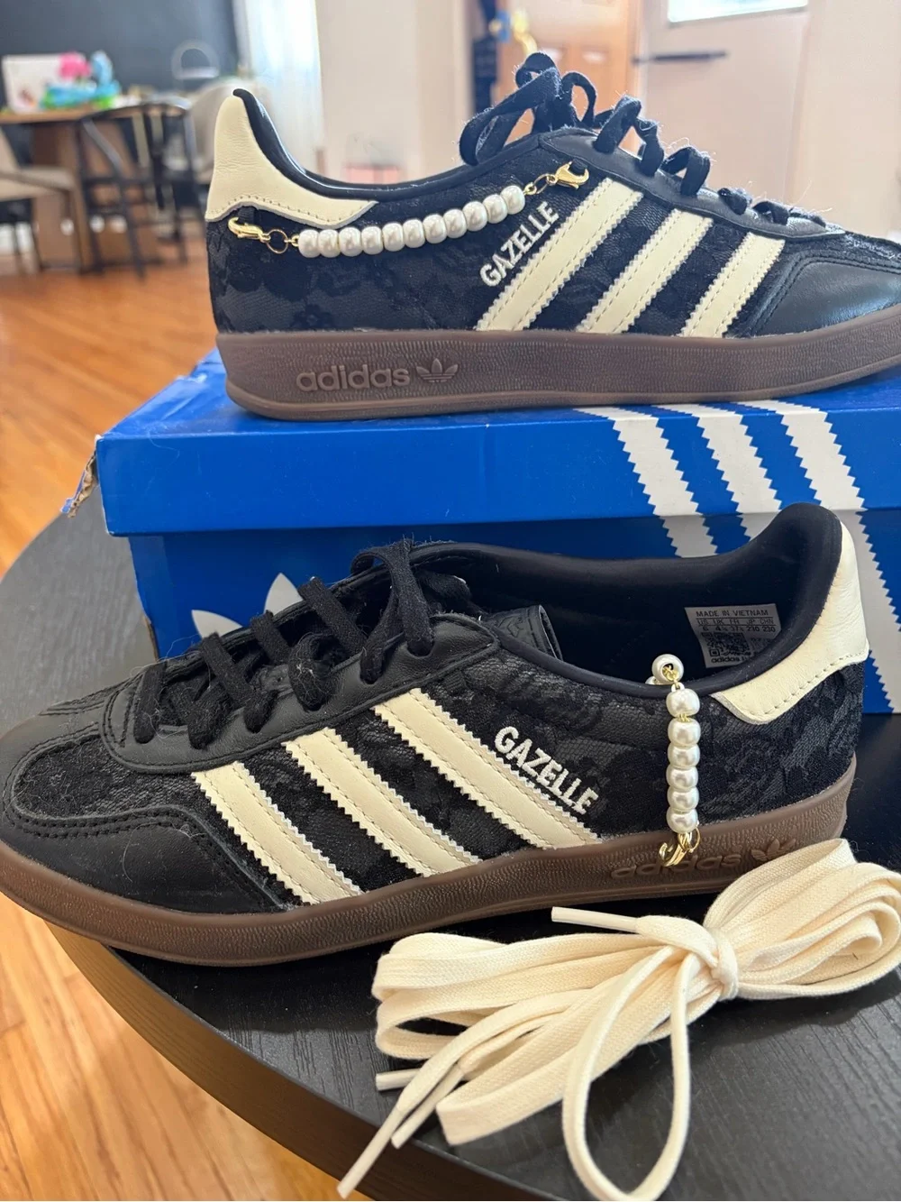 adidas Gazelle Black and Cream Lace-Up Sneakers with Pearl Accent
